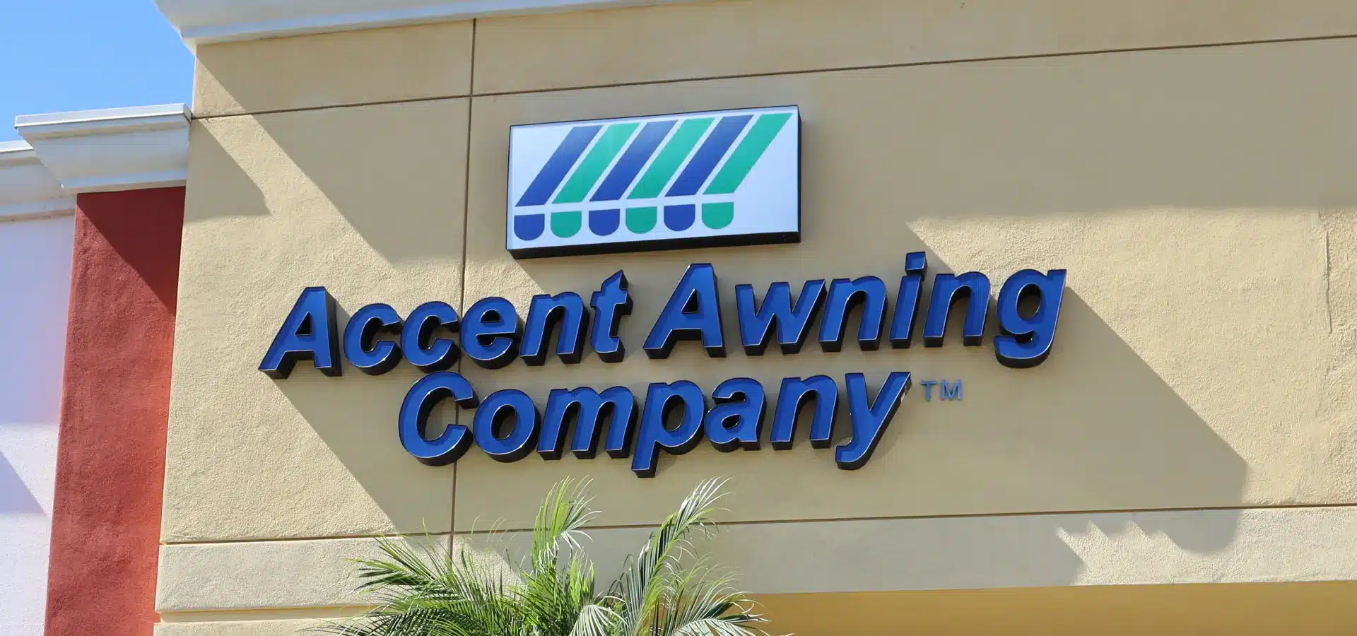 close up of accent awnings sign in san diego ca