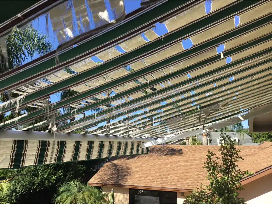 Damaged White Stripe Awning Fabric