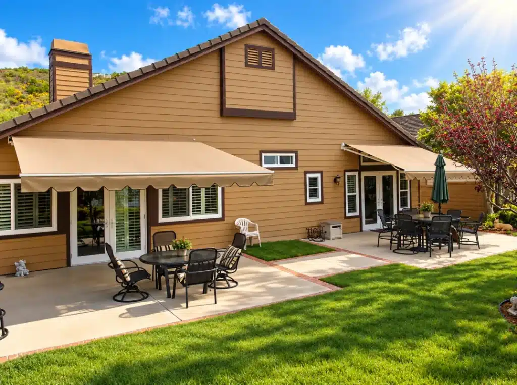 Retractable patio awning providing shade over a home patio in the Inland Empire.